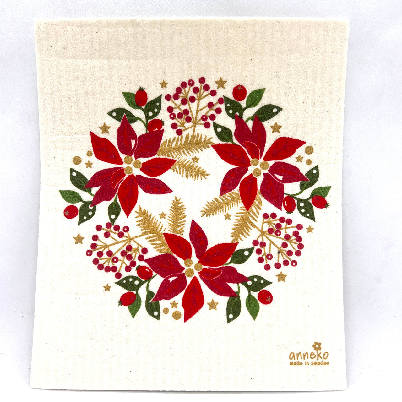 Poinsettia Wreath Swedish Dishcloth