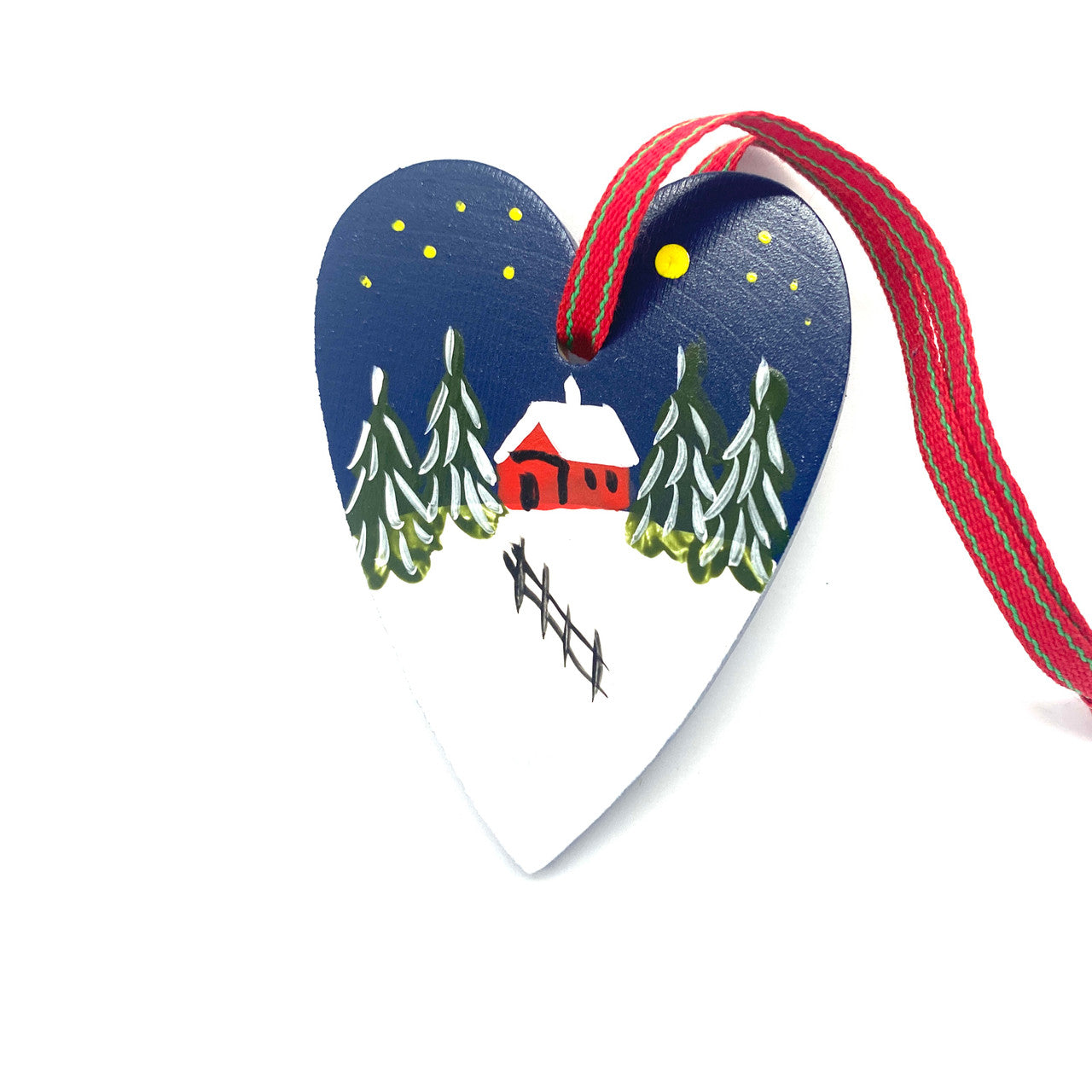 Snowy Cabin Heart Wood Ornament
