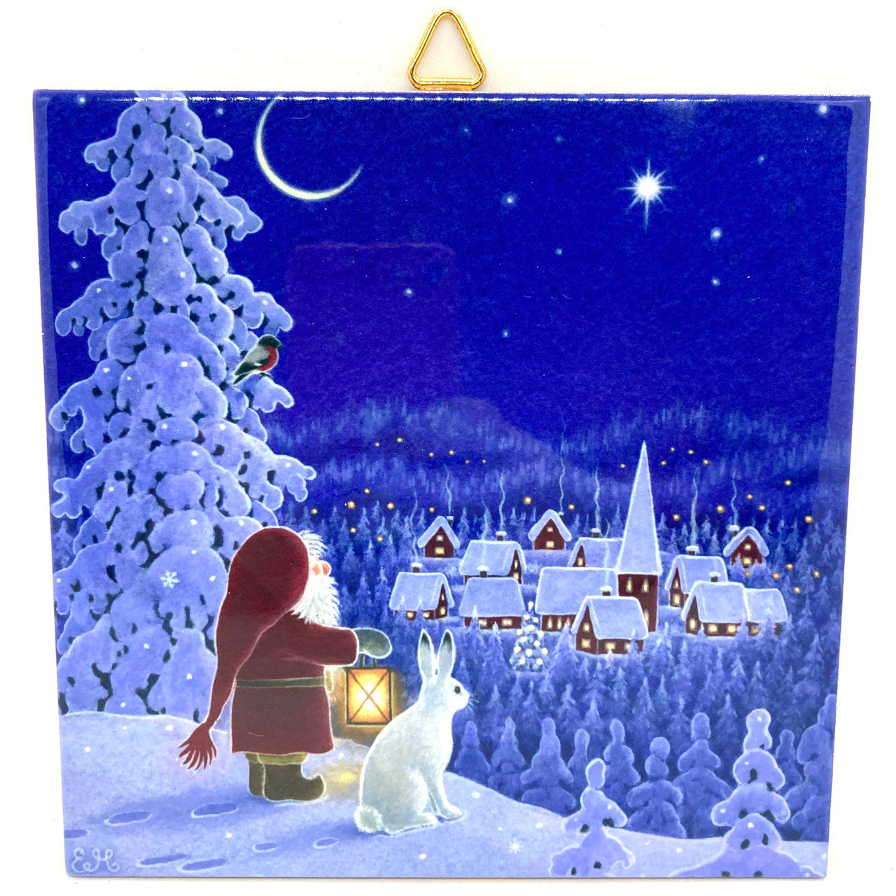 Tomte & Rabbit Watching Village Tile Trivet