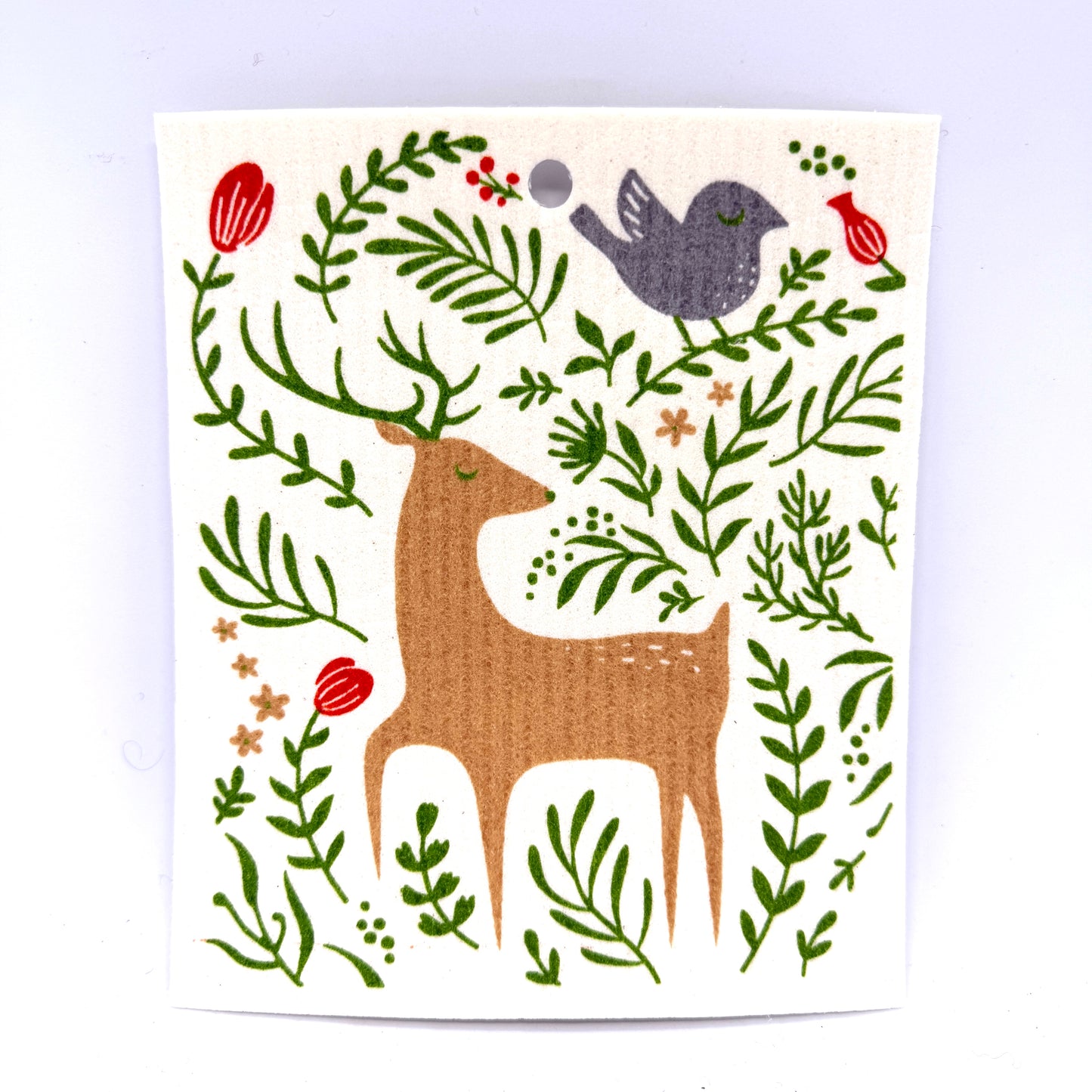 Floral Deer and Bird Swedish Dishcloth