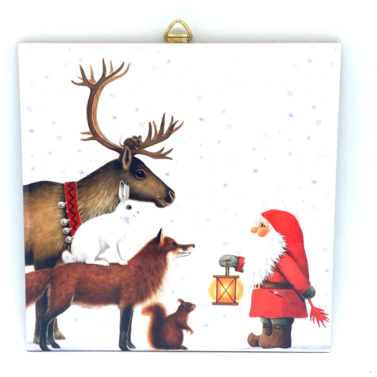 Tomte with reindeer and animals tile trivet.