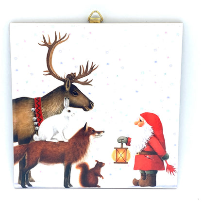 Tomte with reindeer and animals tile trivet.
