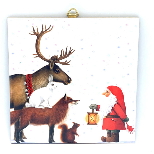 Tomte with reindeer and animals tile trivet.