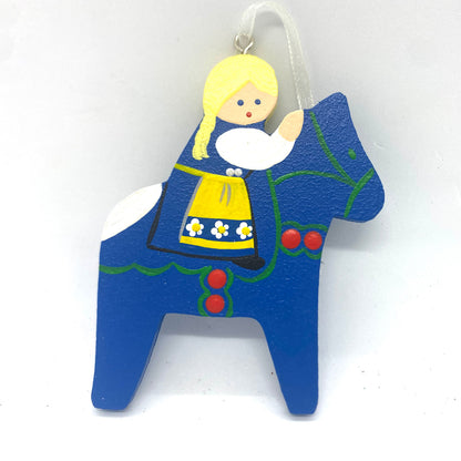 Girl on Blue Dalahorse Wood Ornament
