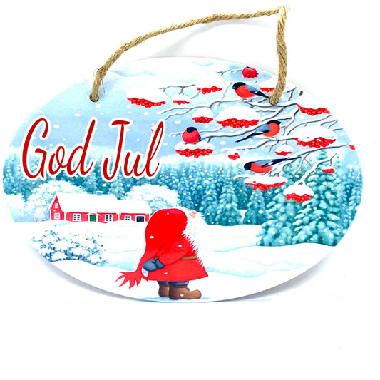 Tomten & Birds God Jul Ceramic Sign