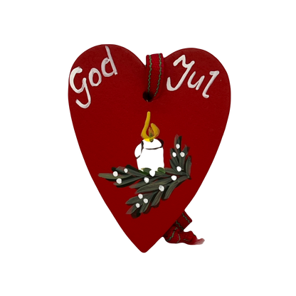 God Jul Heart Candle Wood Ornament
