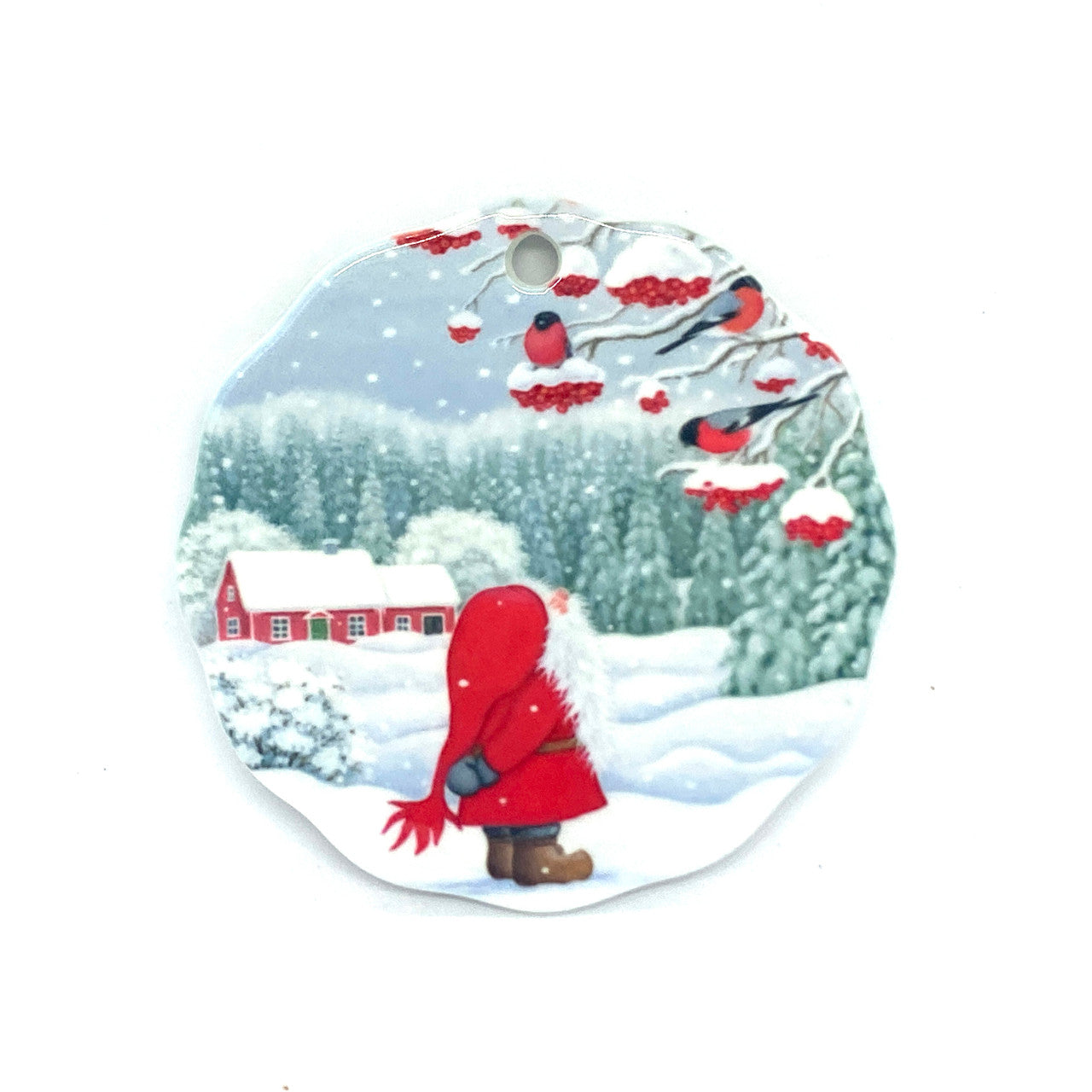 Tomten and Birds Ceramic Ornaments
