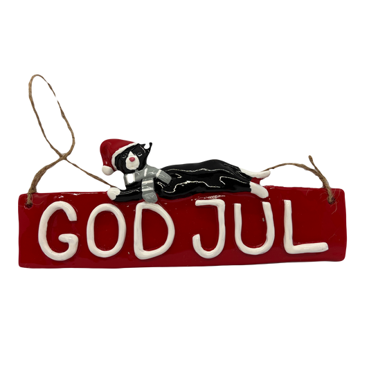 God Jul Cat Hanging Sign