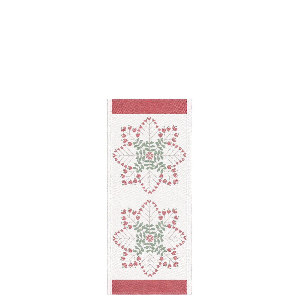 Note: This picture shows the Hjärtlig pattern of a smaller linen. The 14x47 inch table runner displays three of the floral images, whereas this picture only shows two.