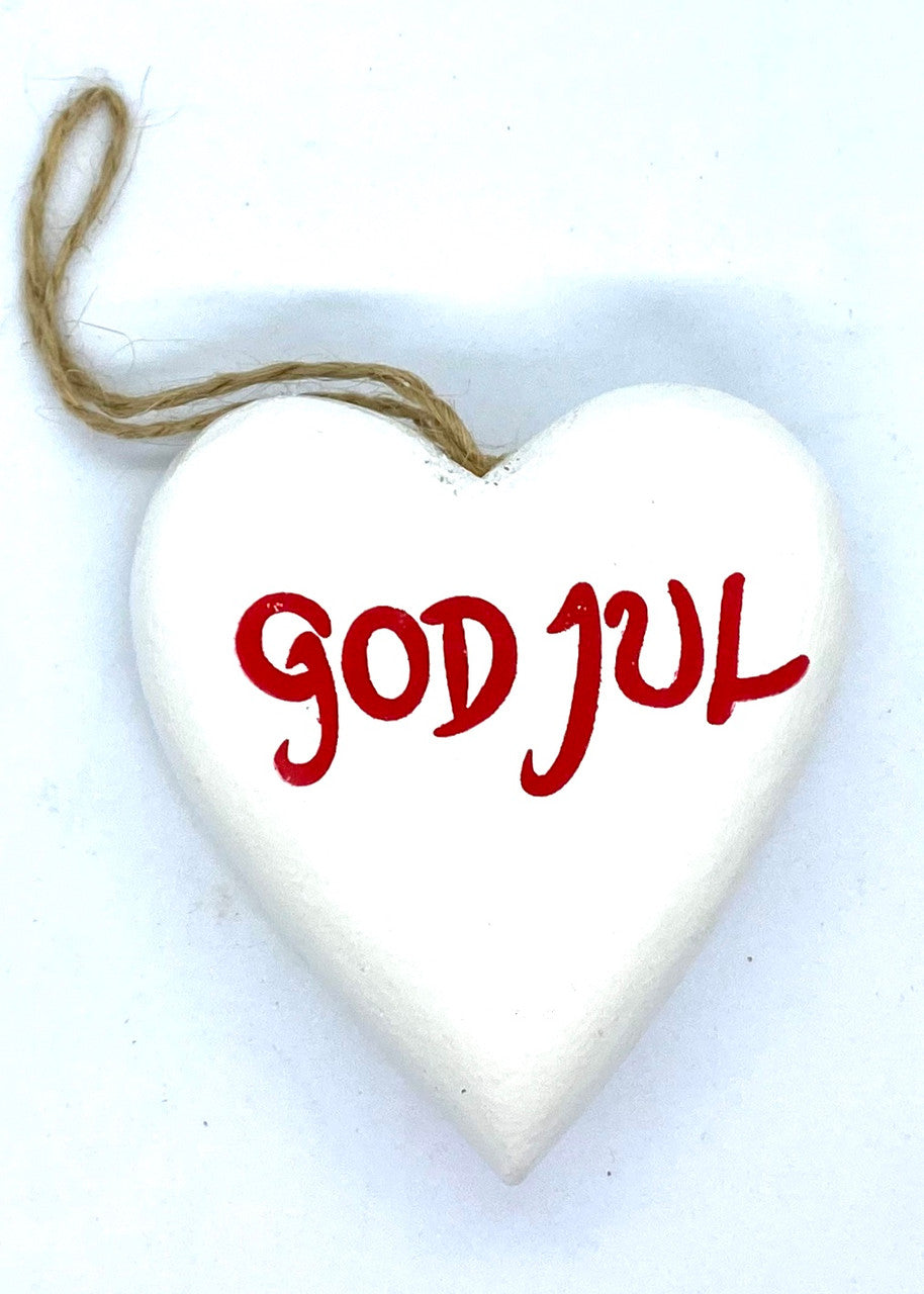 God Jul Heart Ornament (white)