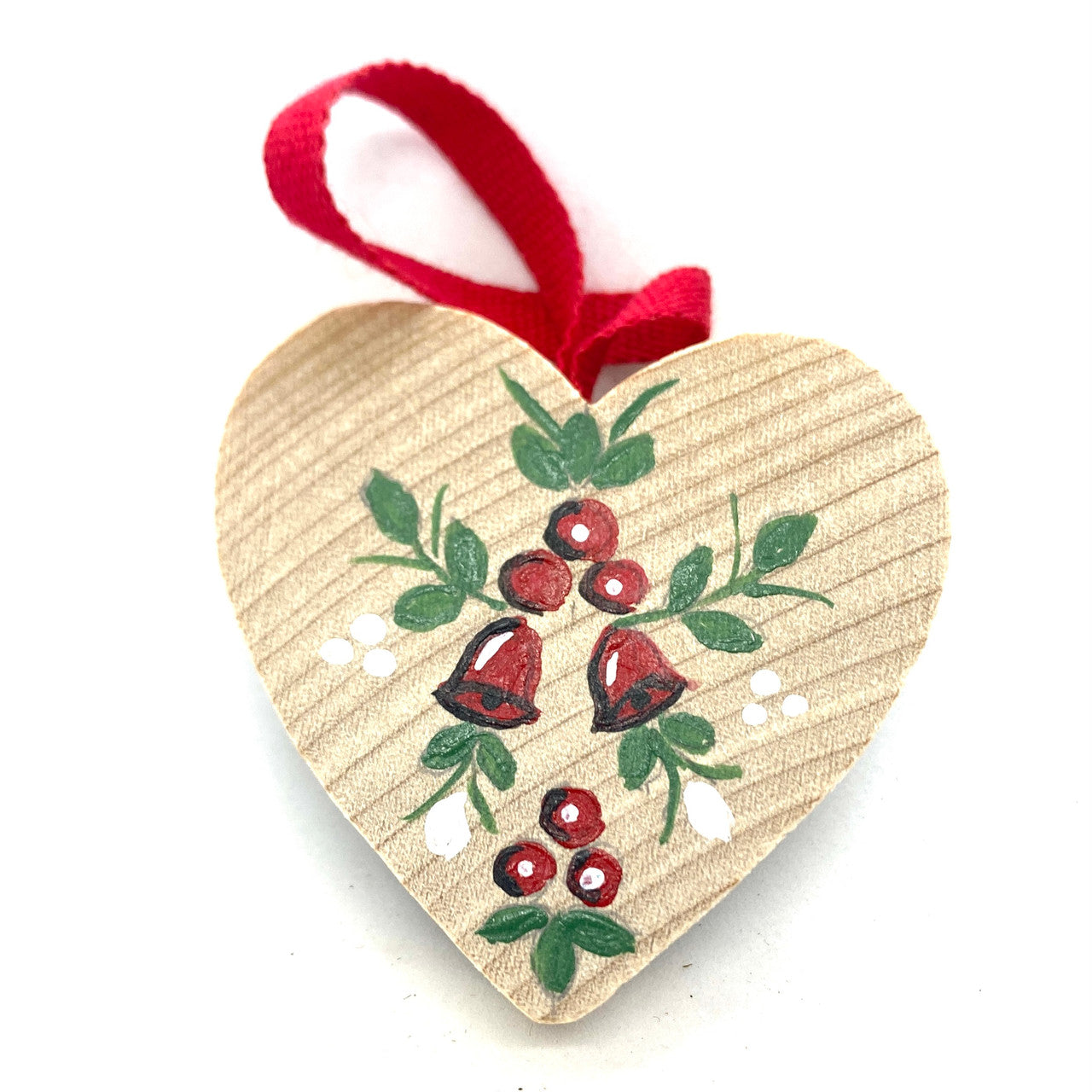 Red Berry Bell Heart Wood Ornament