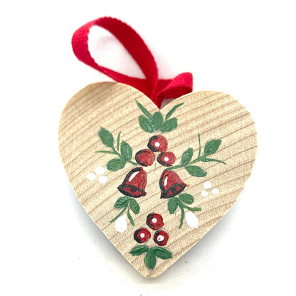 Red Berry Bell Heart Wood Ornament