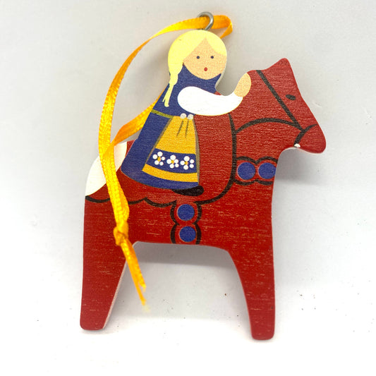 Girl on Red Dalahorse Wood Ornament