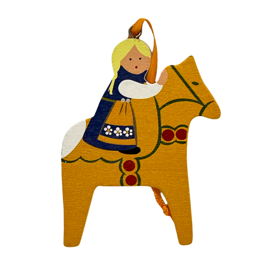 Girl on Yellow Dalahorse Wood Ornament
