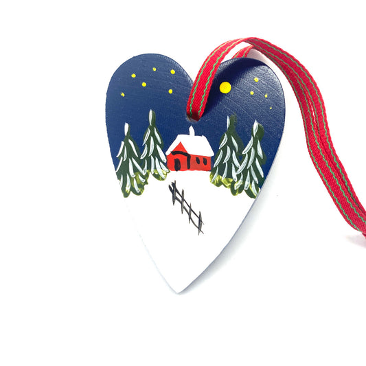 Snowy Cabin Heart Wood Ornament