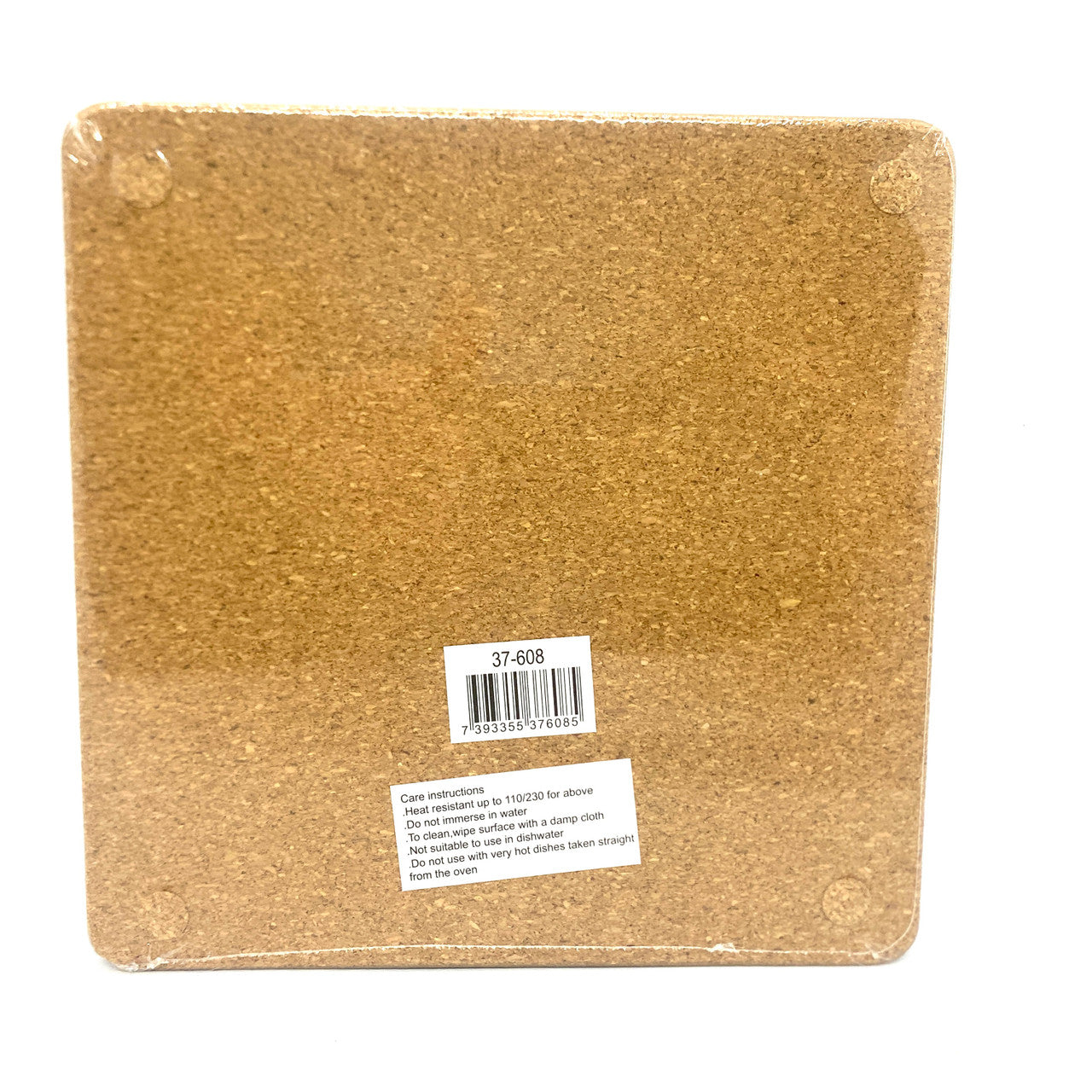 Cork back.  Please note trivet restrictions.