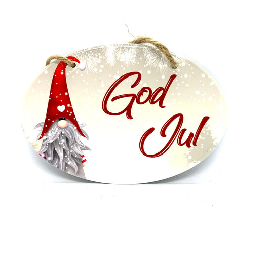 God Jul Heart Tomten Ceramic Sign