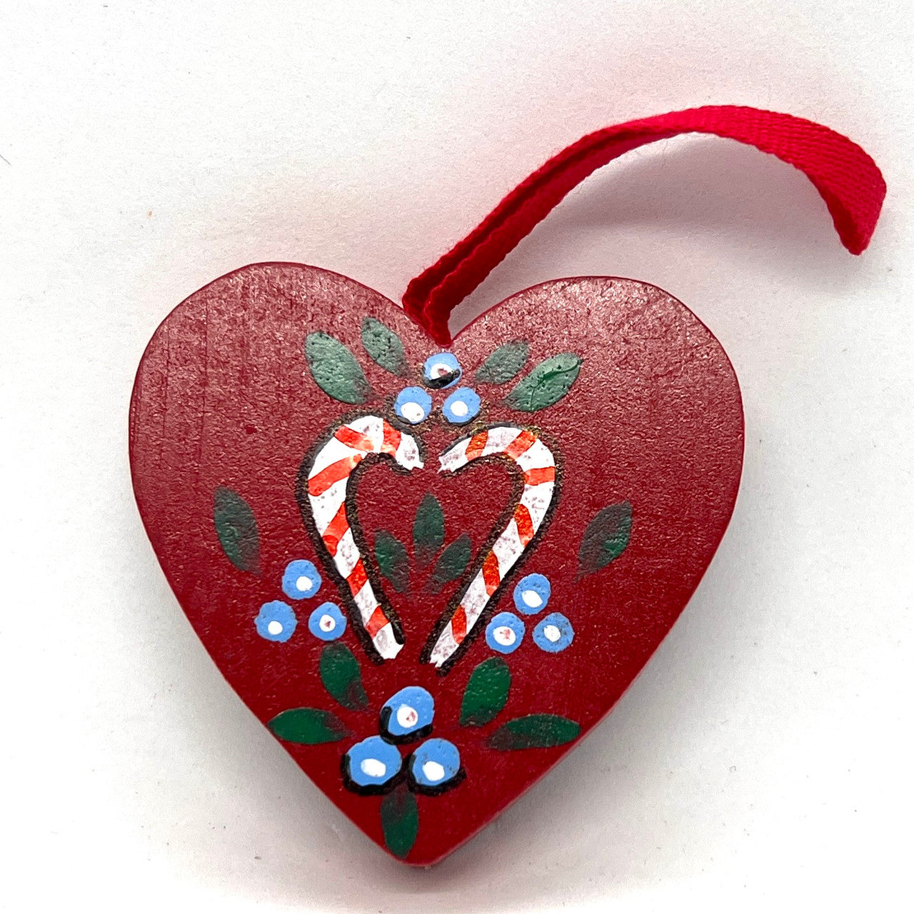 Candy Cane Red Heart Wood Ornament