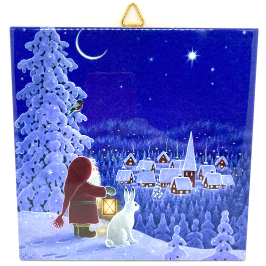 Tomte & Rabbit Watching Village Tile Trivet