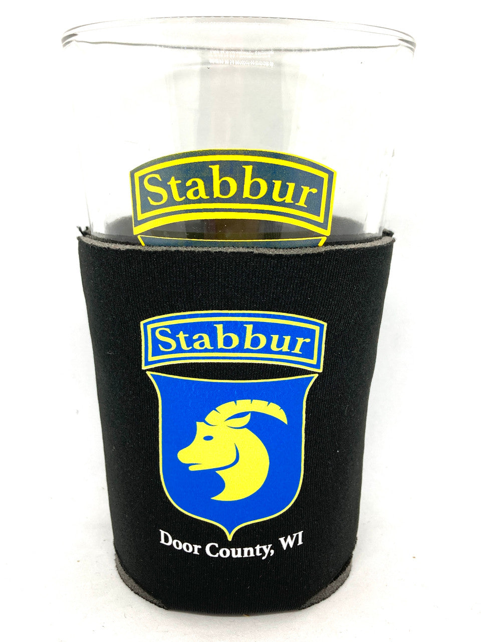 Koozie shown with the Stabbur Pint Glass.