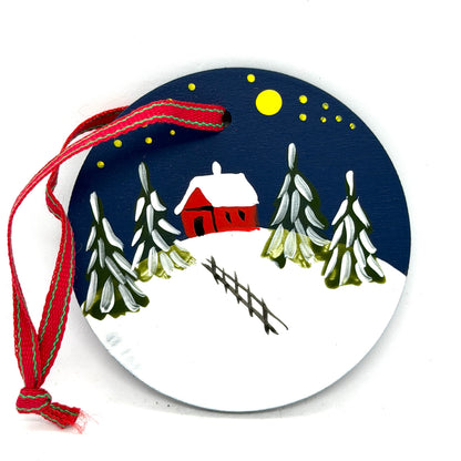 Snowy Cabin Round Wood Ornament