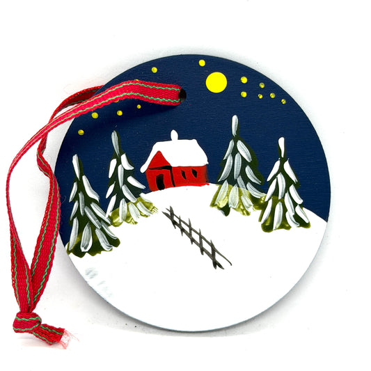 Snowy Cabin Round Wood Ornament