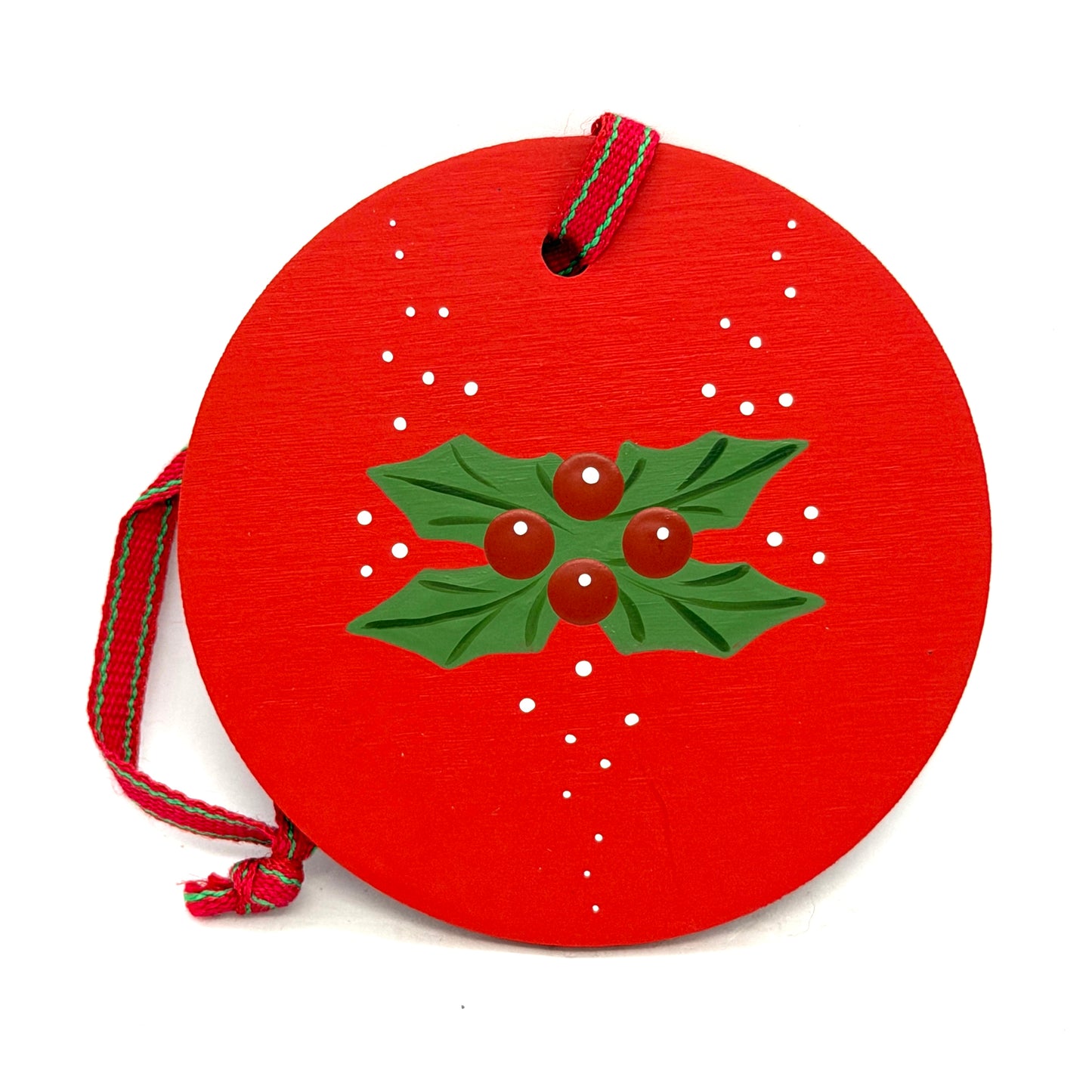 Red Holly Round Wood Ornament