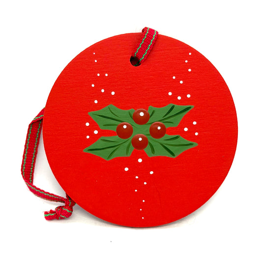Red Holly Round Wood Ornament