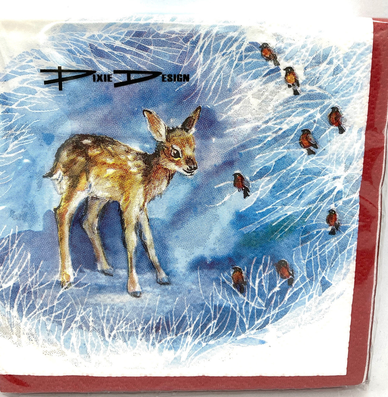 Cocktail sized napkins.  Cute little fawn.  All that winter cheer.  Dig it.