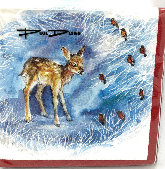 Cocktail sized napkins.  Cute little fawn.  All that winter cheer.  Dig it.