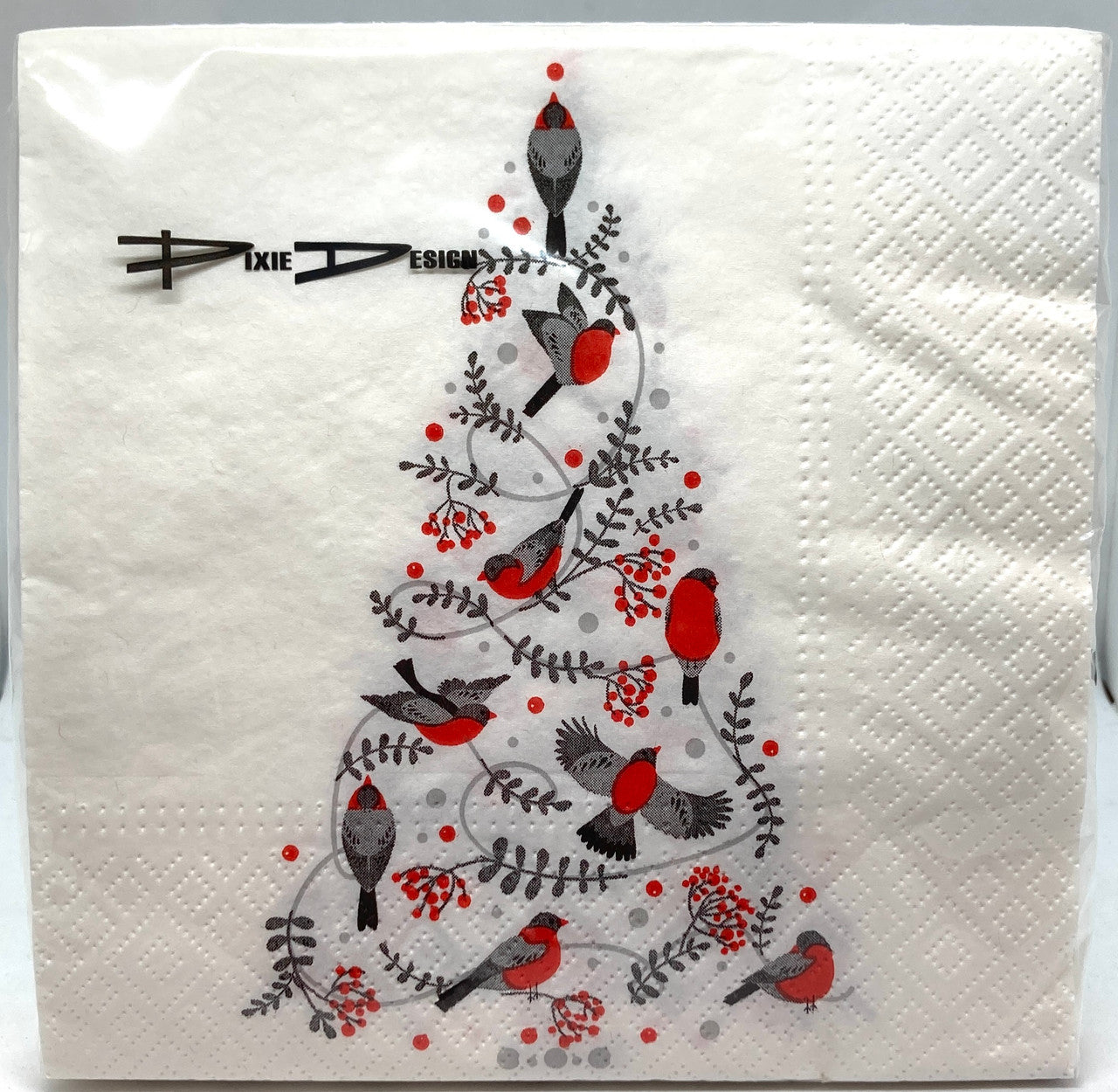 White Dinner Napkin.  BIrds, Trees, the whole nine.