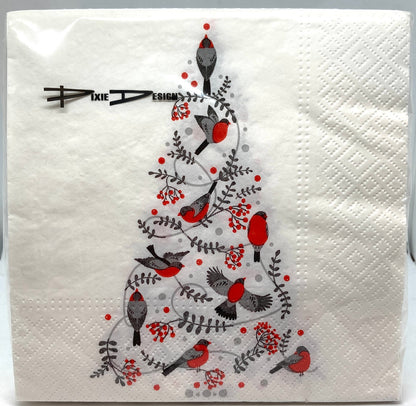 White Dinner Napkin.  BIrds, Trees, the whole nine.