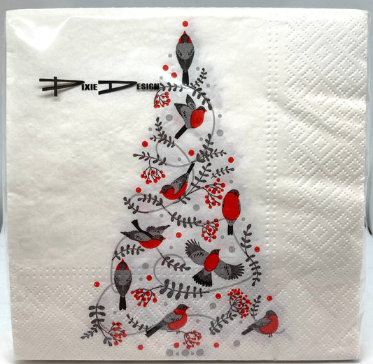 White Dinner Napkin.  BIrds, Trees, the whole nine.