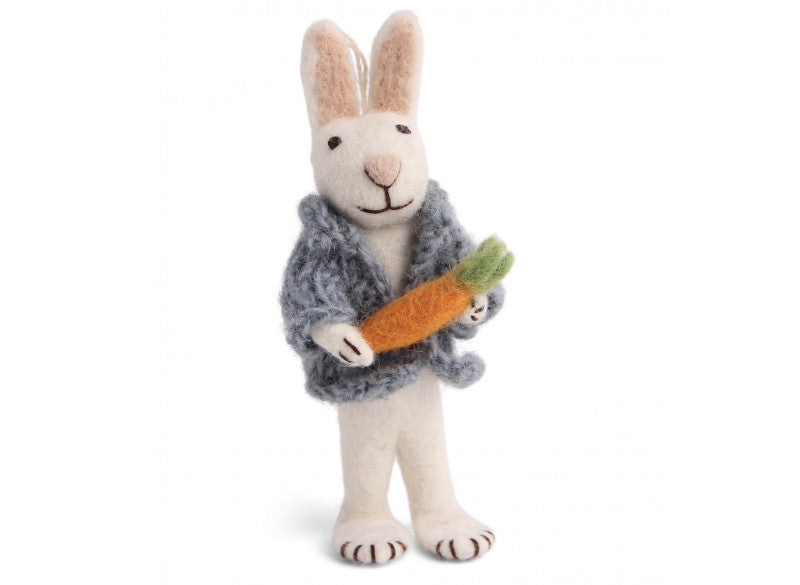 Felt White Bunny with Blue Jacket and Carrot